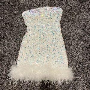 12th Tribe Strapless Feather Trim Mini Dress
